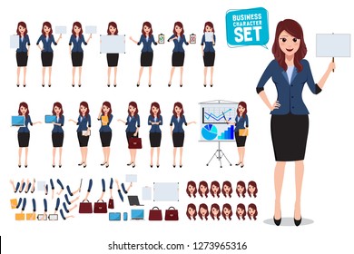 Female business character vector set. Office woman talking and holding blank white board and placard with various posture and gestures for business presentation. Vector illustration. 
