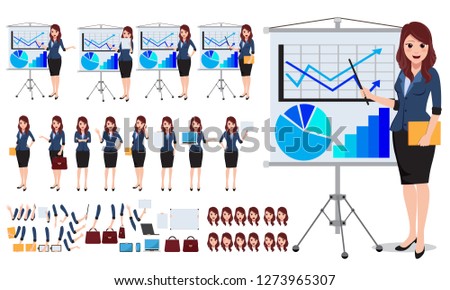 Female business character vector set. Office woman talking and showing business presentaion chart in white board with various pose and gesture. Vector illustration.
