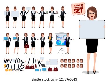 Female business characters set with young office woman holding blank white board and placard in various pose and gesture for business presentation and design elements. Vector illustration.
