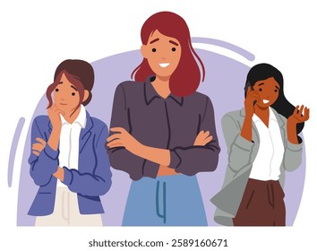 Female business characters vector illustration. Elegant businesswomen and entrepreneurs cartoon scene. Young lady boss community, corporate leaders showcasing confidence and professional involvement