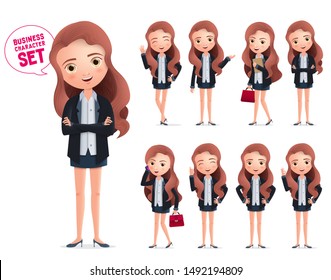 Female business characters vector set. Business woman character standing and happy wearing office attire in different pose and gesture isolated in white background. Vector illustration.