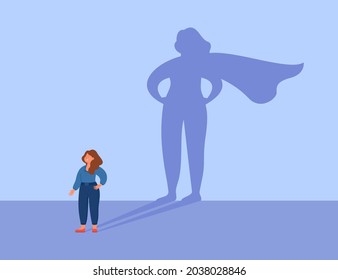 Líder empresarial femenina con fuerte sombra valiente. Exitosa ilustración vectorial plana supermujer o superhéroe. Feminismo, liderazgo, éxito, concepto de poder para banner, diseño de sitios web o página de inicio