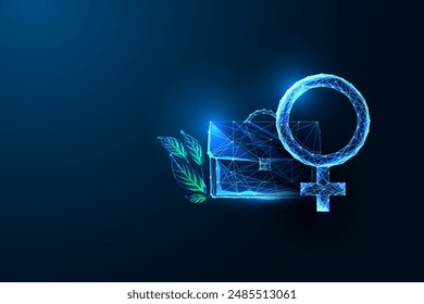 Female business leadership, empowerment, career success futuristic concept. Briefcase and feminine symbols on dark blue background. Glowing polygonal style. Modern abstract design vector illustration