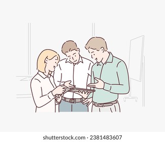 Female business people or Friends - Diverse Group of Females Only in a modern Office discussing and laughing. Hand drawn style vector design illustrations.