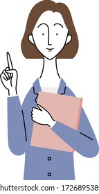 a female business person who holds file / pointing gesture