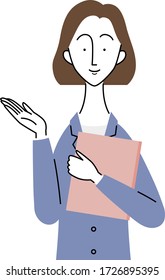 a female business person who holds file / guidance gesture