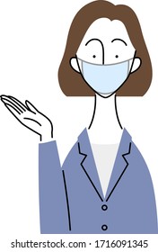 a female business person who is wearing a surgical mask/ guidance gesture