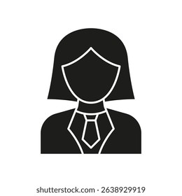 Female Business Professional Solid Icon. Woman Entrepreneur, Corporate Leader, And Executive Representation Silhouette Symbol. Businesswoman Avatar. Isolated Vector Illustration.