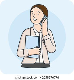Female business woman communication with smartphone and laptop, 2D character activity, Vector design and isolated background.