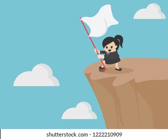 female business woman holds a white flag on a steep hill showing success.