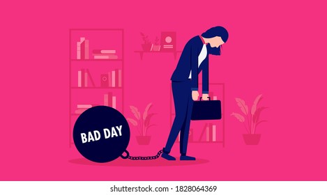 Female Business Worker With Ball And Chain Attached To Foot - Woman Having A Bad Day, Depression And Exhausted Concept. Vector Illustration.