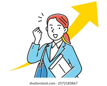 A female businessman in a suit doing a fist pump and an upward arrow