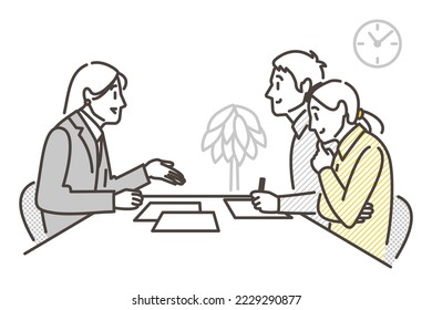 Female businessperson explaining, guiding, and introducing something to a young couple [Vector illustration].
