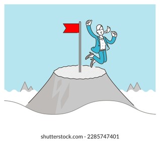 Female businessperson rejoicing at the top of a mountain. Concept of success and achievement at work [Vector illustration].