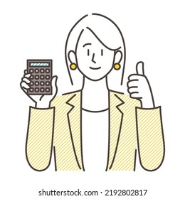 Female businessperson in a suit calculating on a calculator [Vector illustration].