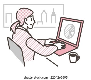 Female businessperson working on a computer in an office [Vector illustration].