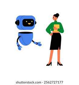 Female Businesswoman And Humanoid Robot Interacting In Flat Vector Illustration Symbolizing Artificial Intelligence Collaboration, Isolated On White Background.