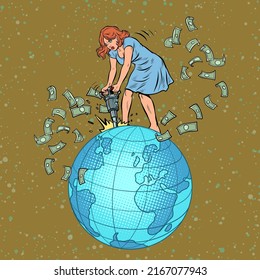 A female businesswoman with a jackhammer extracts money from the planet earth. Natural resources. Global Economy, Global Business. Pop Art Retro Vector Illustration 50s 60s Vintage kitsch style