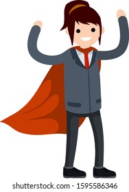 Female businesswoman. Superhero in red cloak. Girl in strong pose and suit. Success and victory in business. Cartoon flat illustration
