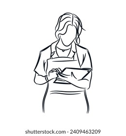 Female businesswoman working with tablet digital. Line hand drawn sketch vector illustration