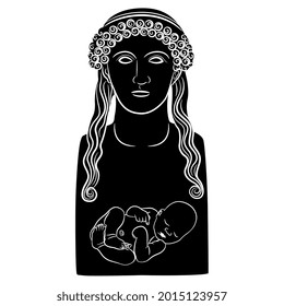Female bust of antique woman or goddess with newborn infant baby inside. Black and white silhouette. Creative concept for mother and child.
