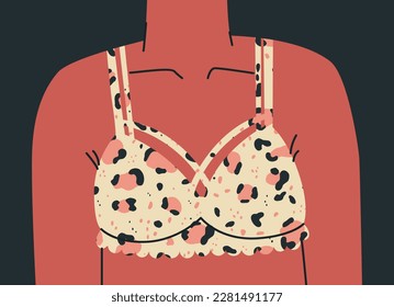Female bust in a beautiful leopard print lace bra. Upper female body. Vector trend illustration for design.