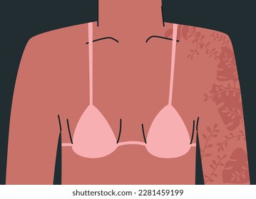 Female bust in bikini top. Upper female body with flower tattoo on the shoulder. Vector fashion illustration for design.