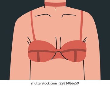 Female bust in a bra and with a choker around the neck. Upper female body. Women's beautiful supportive bra. Vector trend illustration for design.