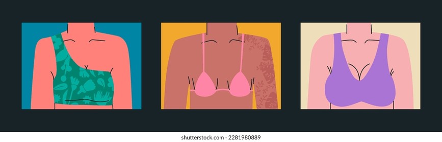 Female bust in a bra. Part of the female body in underwear. Set of trend illustrations.