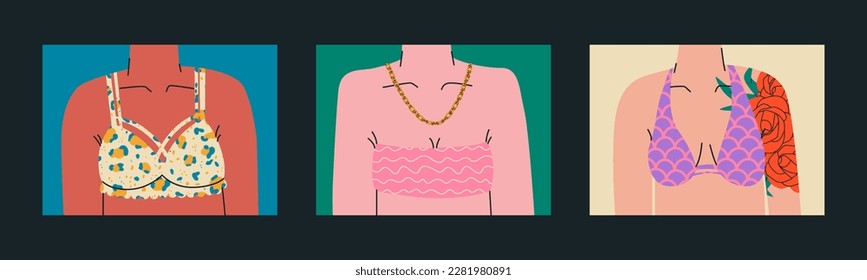 Female bust in a bra. Part of the female body in underwear. Set of trend illustrations.