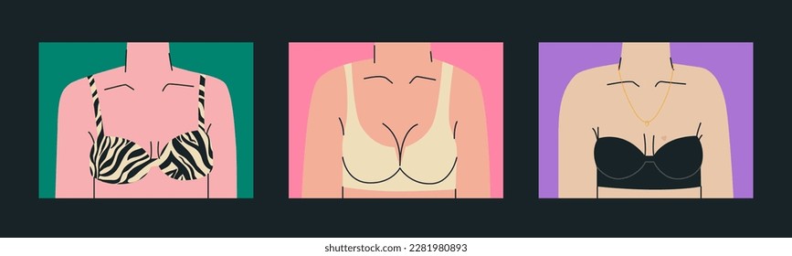 Female bust in a bra. Part of the female body in underwear. Set of trend illustrations.