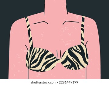 Female bust in a bra or swimsuit top. Brassiere zebra print. Vector trendy illustration for design.