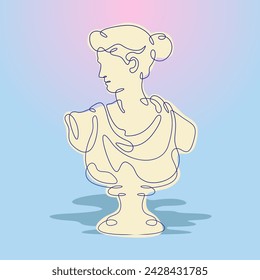 Female bust statue. Portrait of a woman. Antique style. One continuous line . Line art. Minimal single line.White background. One line drawing.