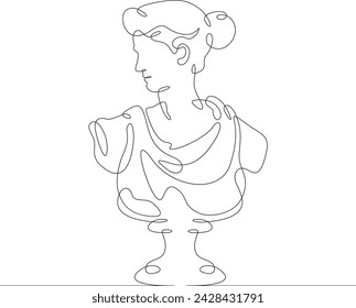 Female bust statue. Portrait of a woman. Antique style. One continuous line . Line art. Minimal single line.White background. One line drawing.