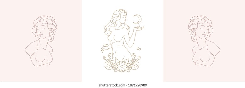Female busts and magic woman with moon crescent in boho linear style vector illustrations set. Elegant bohemian emblems in golden lines feminine symbols for mystic logo and cosmetic packaging