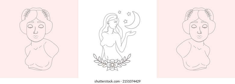 Female busts and magic woman with moon crescent in boho linear style vector illustrations set. Elegant bohemian emblems in golden lines feminine symbols for mystic logo and cosmetic packaging.