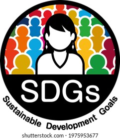 A female bust-up illustration in a circle bordered in black. The background is a humanoid colored with 17 symbol colors. The letters "SDGs" are placed on the lower side. Created with vector data.