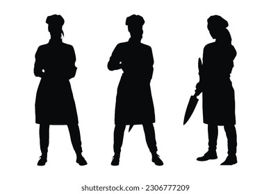 Female butcher standing with knives silhouette set vector. Anonymous female meat cutters without faces standing in different positions. Modern girl butcher and model silhouette bundle design.