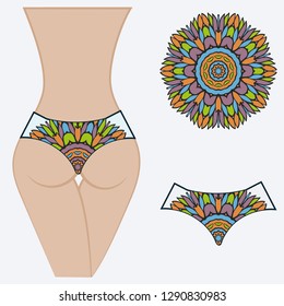 Female buttocks with panties. Decorative vector illustration. Mandala fashion print