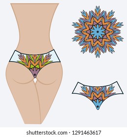 Female buttocks with panties. Decorative vector illustration. Mandala fashion print