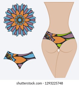 Female buttocks with panties. Decorative vector illustration. Mandala fashion print