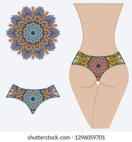 Female buttocks with panties. Decorative vector illustration. Mandala fashion print