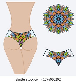 Female buttocks with panties. Decorative vector illustration. Mandala fashion print