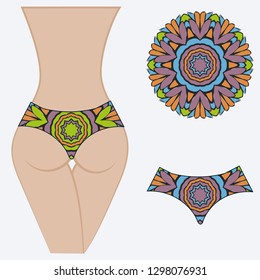 Female buttocks with panties. Decorative vector illustration. Mandala fashion print