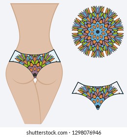 Female buttocks with panties. Decorative vector illustration. Mandala fashion print