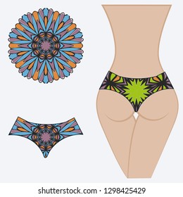 Female buttocks with panties. Decorative vector illustration. Mandala fashion print