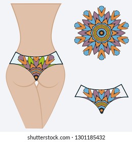 Female buttocks with panties. Decorative vector illustration. Mandala fashion print