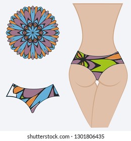 Female buttocks with panties. Decorative vector illustration. Mandala fashion print