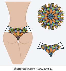 Female buttocks with panties. Decorative vector illustration. Mandala fashion print