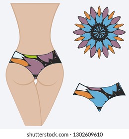 Female buttocks with panties. Decorative vector illustration. Mandala fashion print